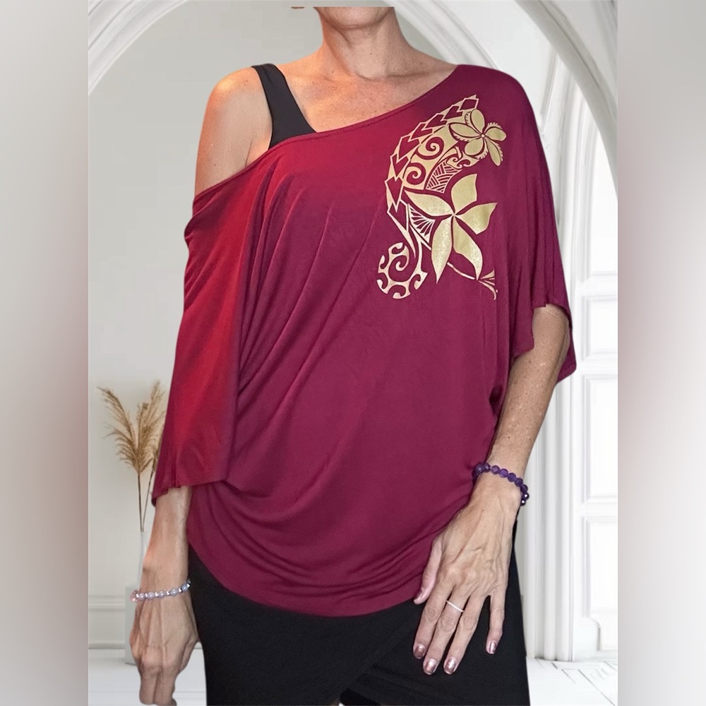 MOA Tribal, Floral, Red & Gold Asymmetrical Dolman Sleeve Blouse 3X